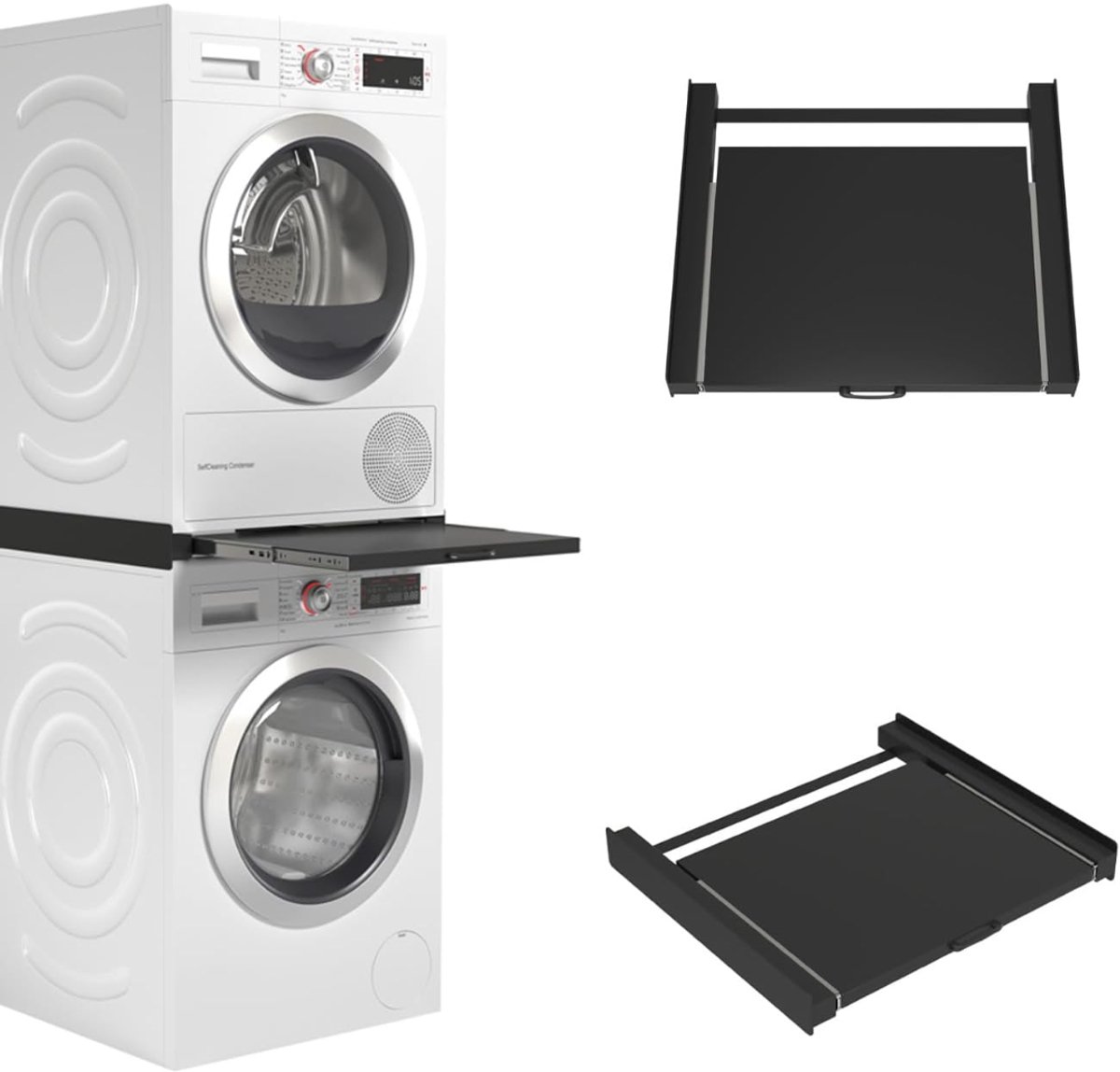 KIRA® Tussenstuk Wasmachine Droger - Laadcapaciteit 100kg - Wasdroger - Stapelkit voor Wasmachine en Droger - Zwart - 54cm x 60cm x 8cm