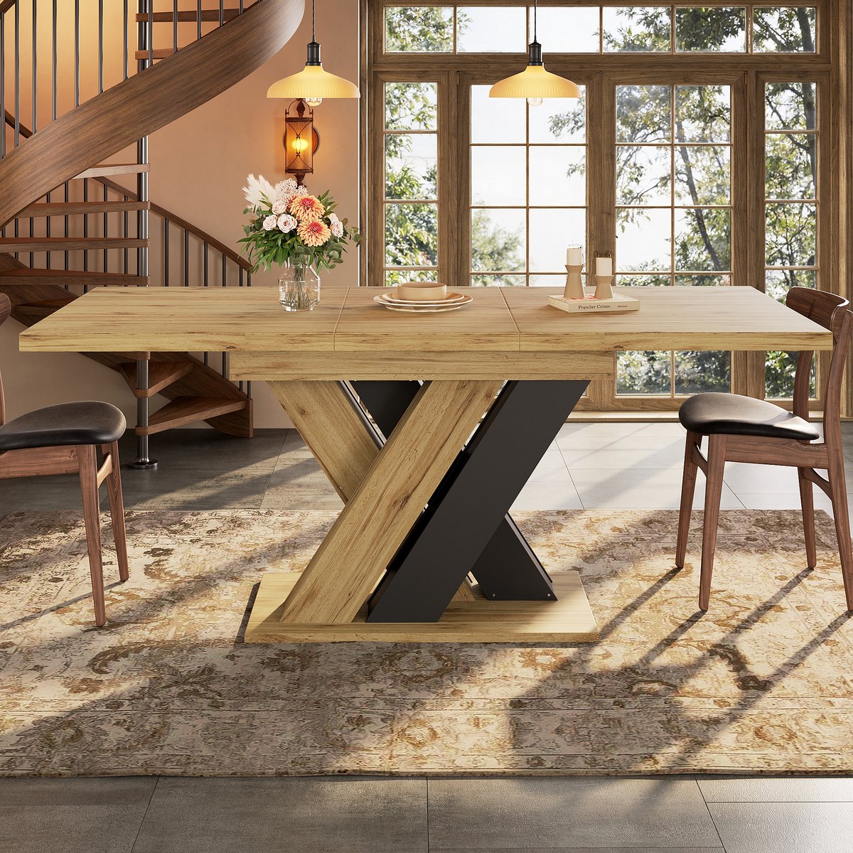 COVREO Eettafel 119-158,5 x 80 x 75 cm - zwart, MDF, uitschuifbaar met opbergvak