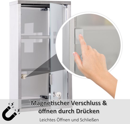 COVREO Medicijnkast 25 x 12 x 48 cm - zilverkleurig roestvrij staal, afsluitbaar met 3 vakken