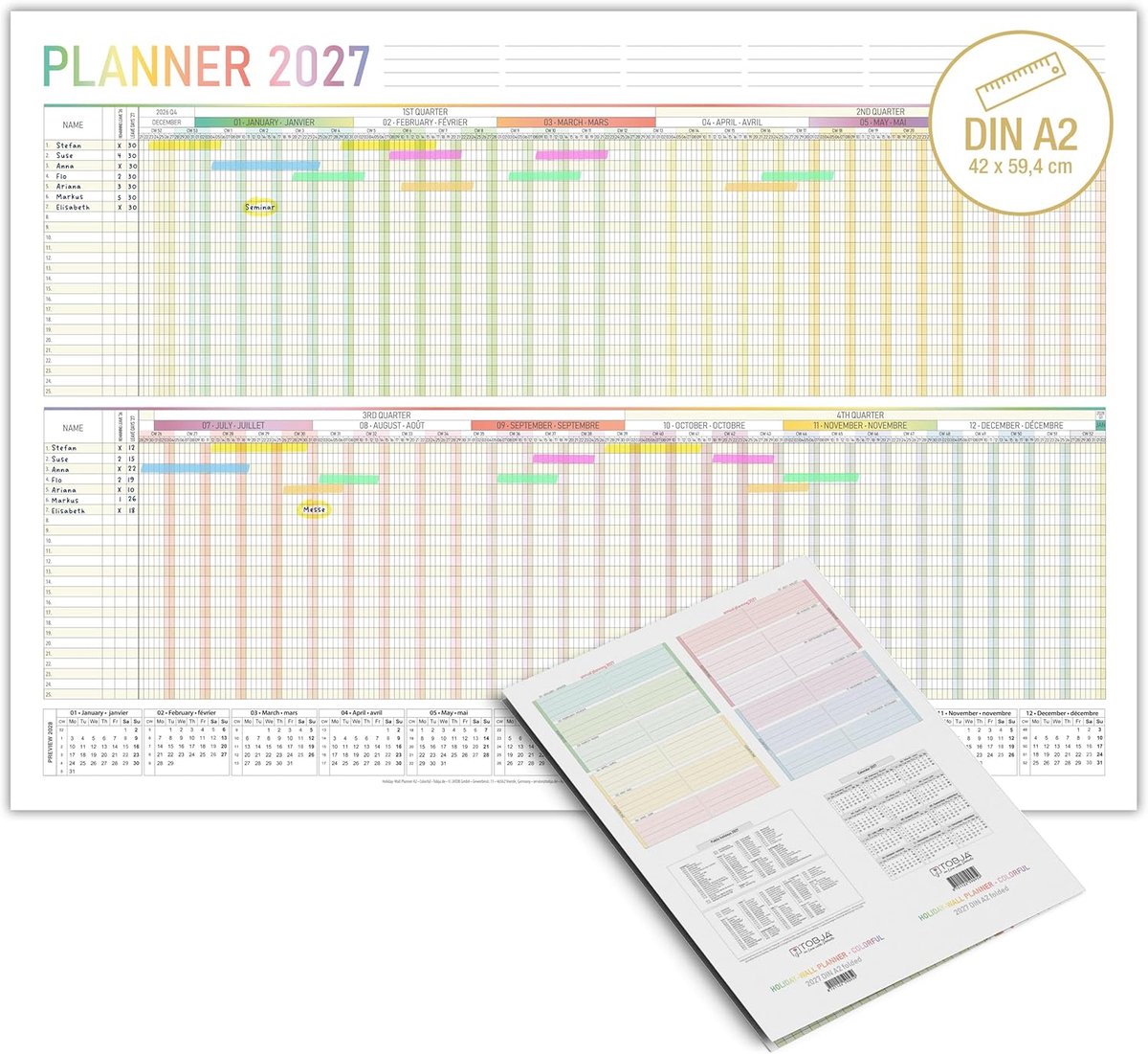 SnelShoppen - TOBJA Holiday Planner 2026 A2 - Wall Calendar voor 25 Medewerkers - Engelstalig met Feestdagen - Vouwbaar en Schrijfbaar - Voor Teams en