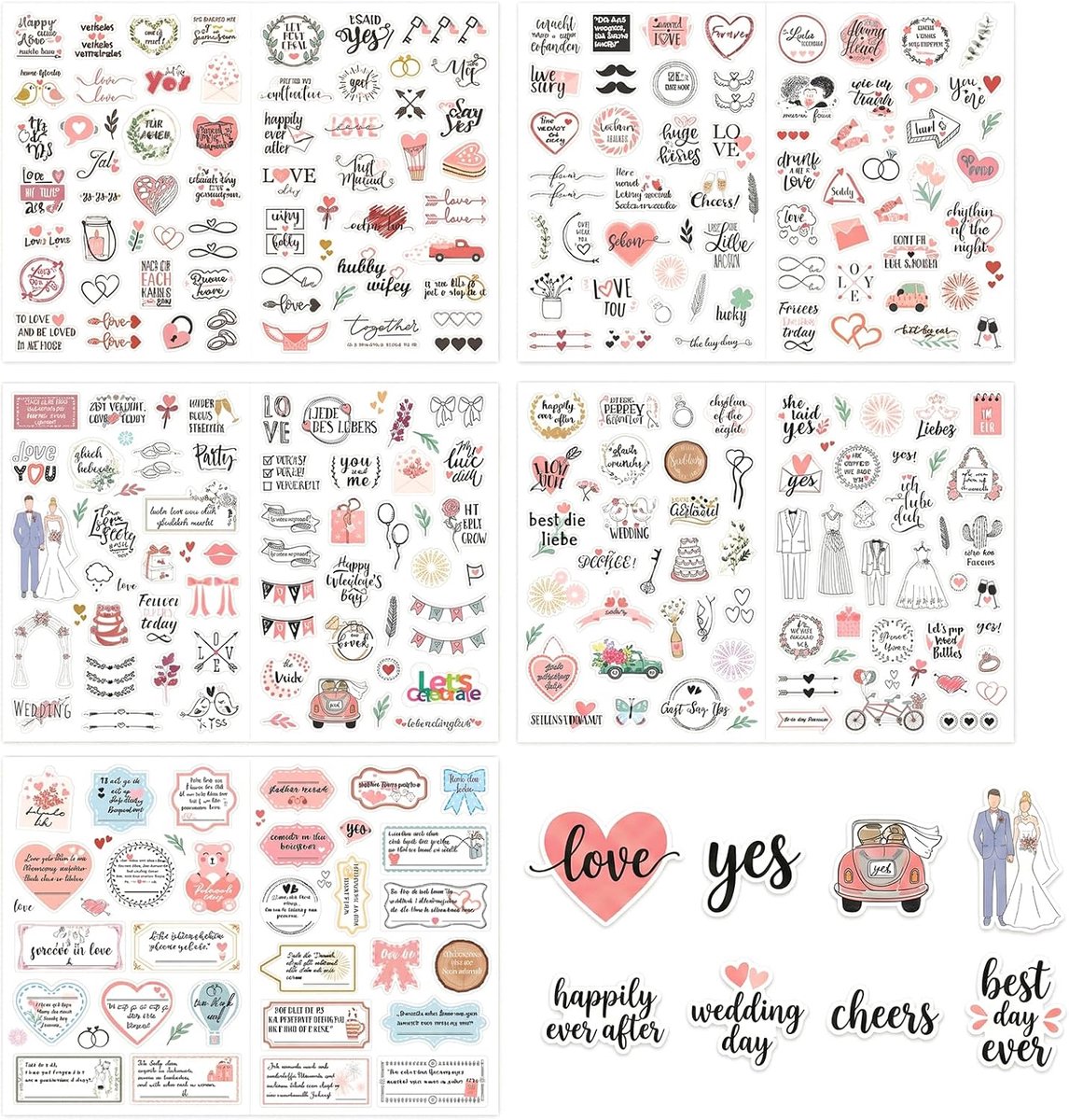 SnelShoppen - 10 Vellen Bruiloft Stickers Gastenboek - 530 Motieven - DIY Bruiloft Decoratie - Roze Stickers voor Fotoalbum en Scrapbook