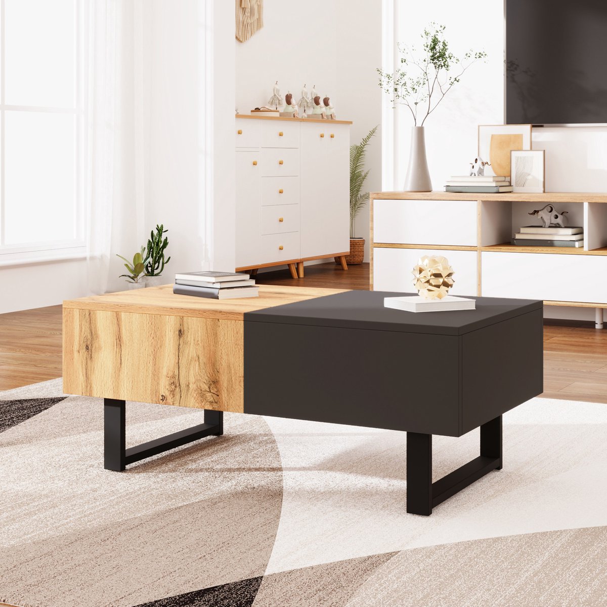 COVREO Salontafel 155x55x40 cm – schuifbaar, verborgen opbergruimte, houtlook en metaal