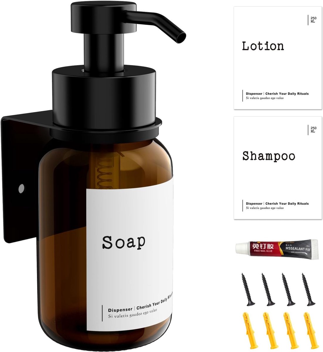 SnelShoppen - Glass Soap Dispenser 250 ml Wandmontage Bruin Zeepdispenser Zonder Boren voor Douche, Afwasmiddel, Handzeep, Badkamer Accessoire