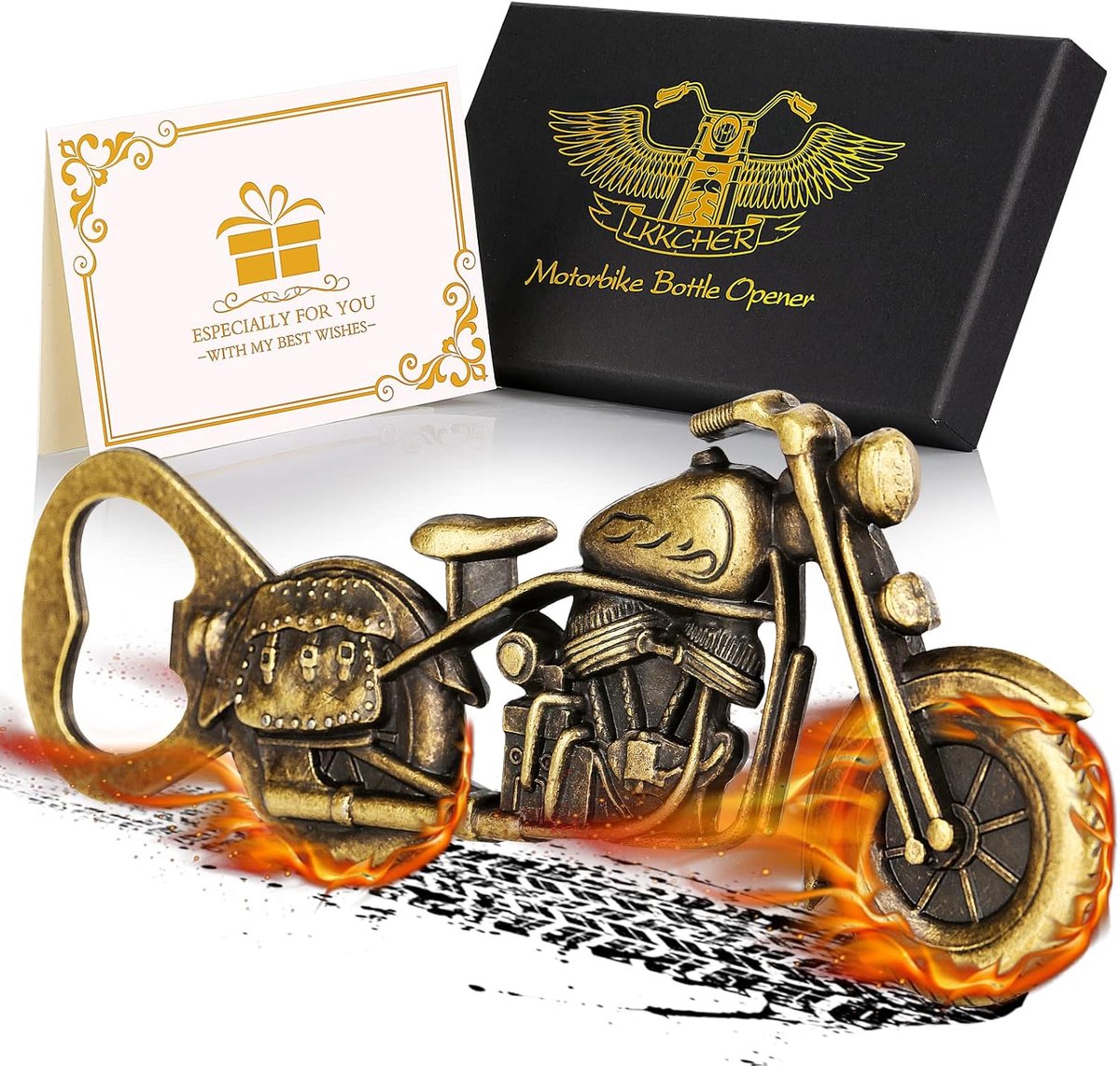 SnelShoppen - LKKCHER Motorfiets Bierflesopener - Bronzen Cadeau voor Biker, Perfect voor Vader, Man, Vriend, Motorliefhebber, Bierdrinker, Collectors