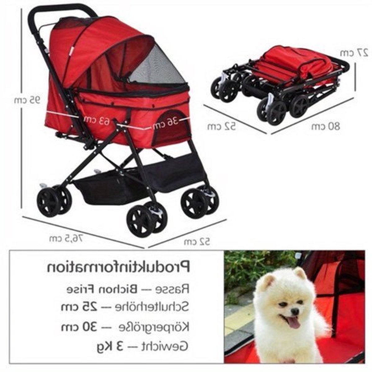 Dierenwagen – Huisdierwagen – Hondenbuggy – Kattenwagen – Dierenbuggy – Stevig IJzeren Frame – All-Terrain Wielen – Lichtgewicht Inklapbaar – Veiligheidsriem – 76x52x95cm