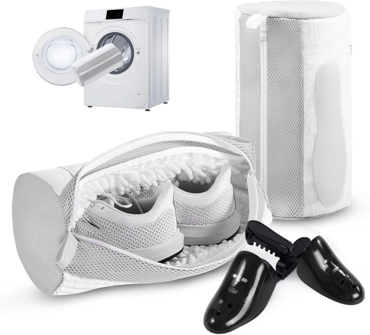 SnelShoppen - 2-Pack Waszak voor Schoenen met Mesh Zijvakken, Machinewasbaar, 360° Reiniging, Verborgen Zijrits, Wit, Ideaal voor Thuis en Reizen