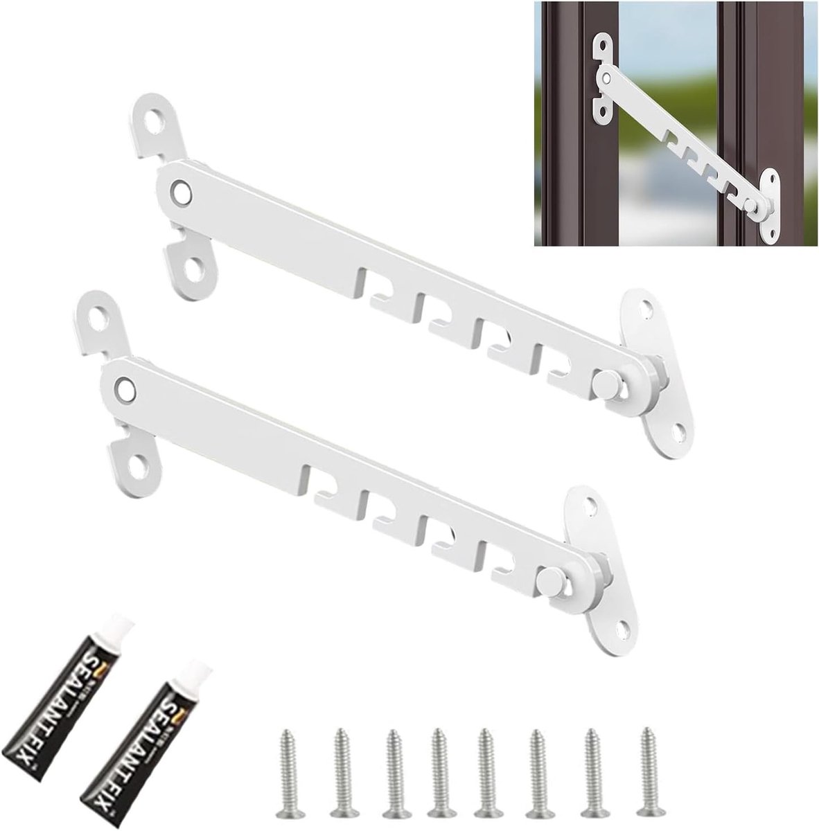 Set van 2 Raamstopper, Raamlatch voor Kiepraam, 18 cm, Verstelbare Raamopening, Metaal Raamlatch voor Raambekleding, Wit