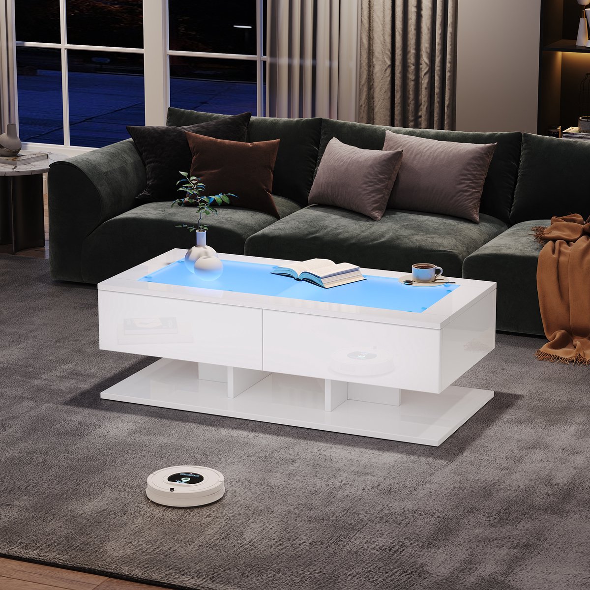 COVREO Salontafel 100 x 50 x 35 cm - hoogglans wit, glasplaat, 2 lades, LED-licht