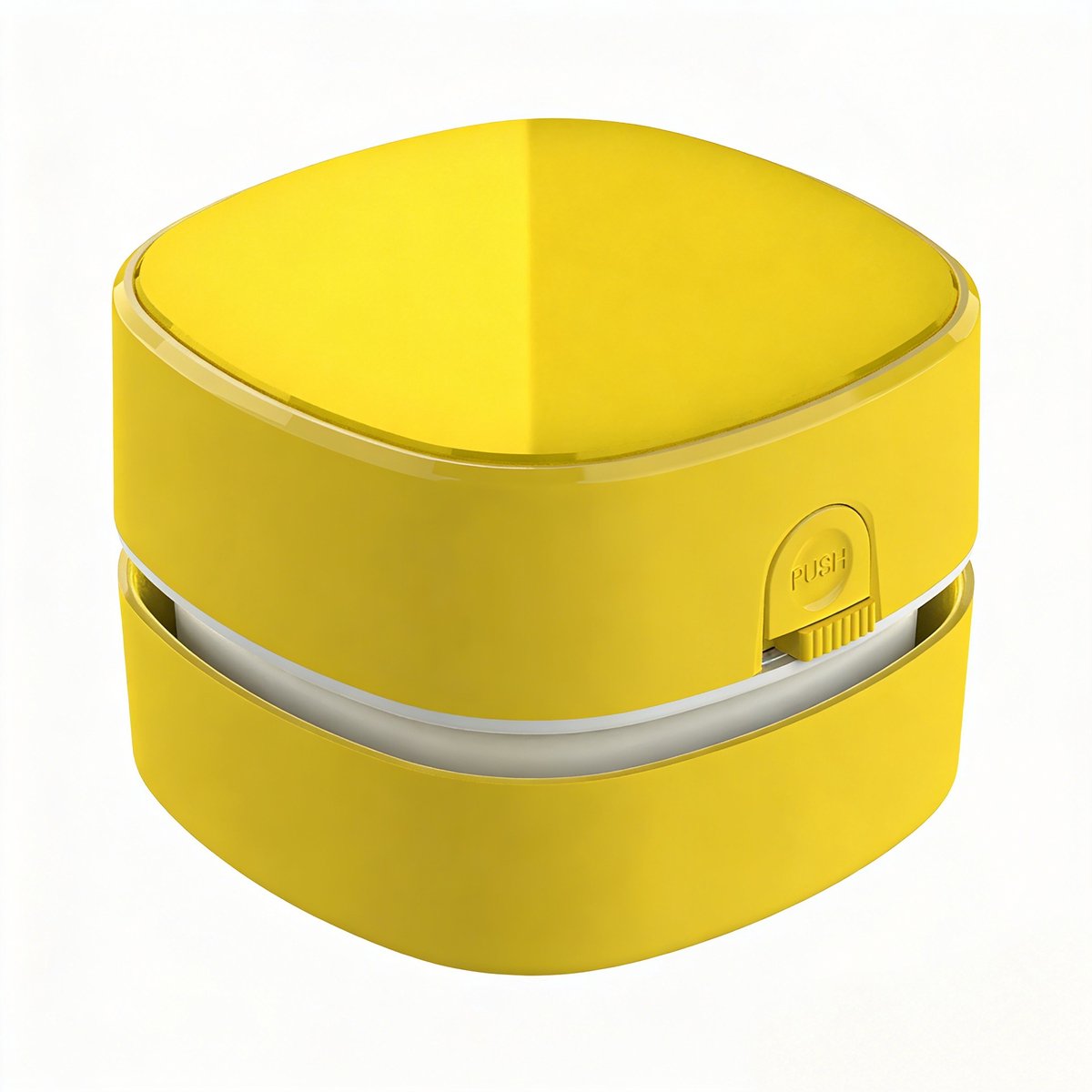 Gele compacte bureaustofzuiger met AA-batterijvoeding (zonder batterijen), lange looptijd en 360° draaibare reinigingskop, ruimt bureaustof en gumresten op, ideaal voor thuis, school, kantoor en als kindercadeau