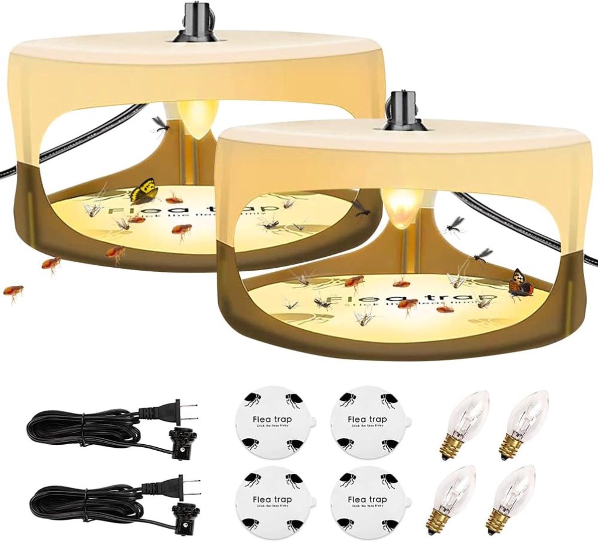 SnelShoppen - Vlooienval voor woning, 2 stuks met 4 kleefpads, LED-vlooienlichtval, veilige en niet-giftige vlooienval voor woonkamer, keuken, slaapka