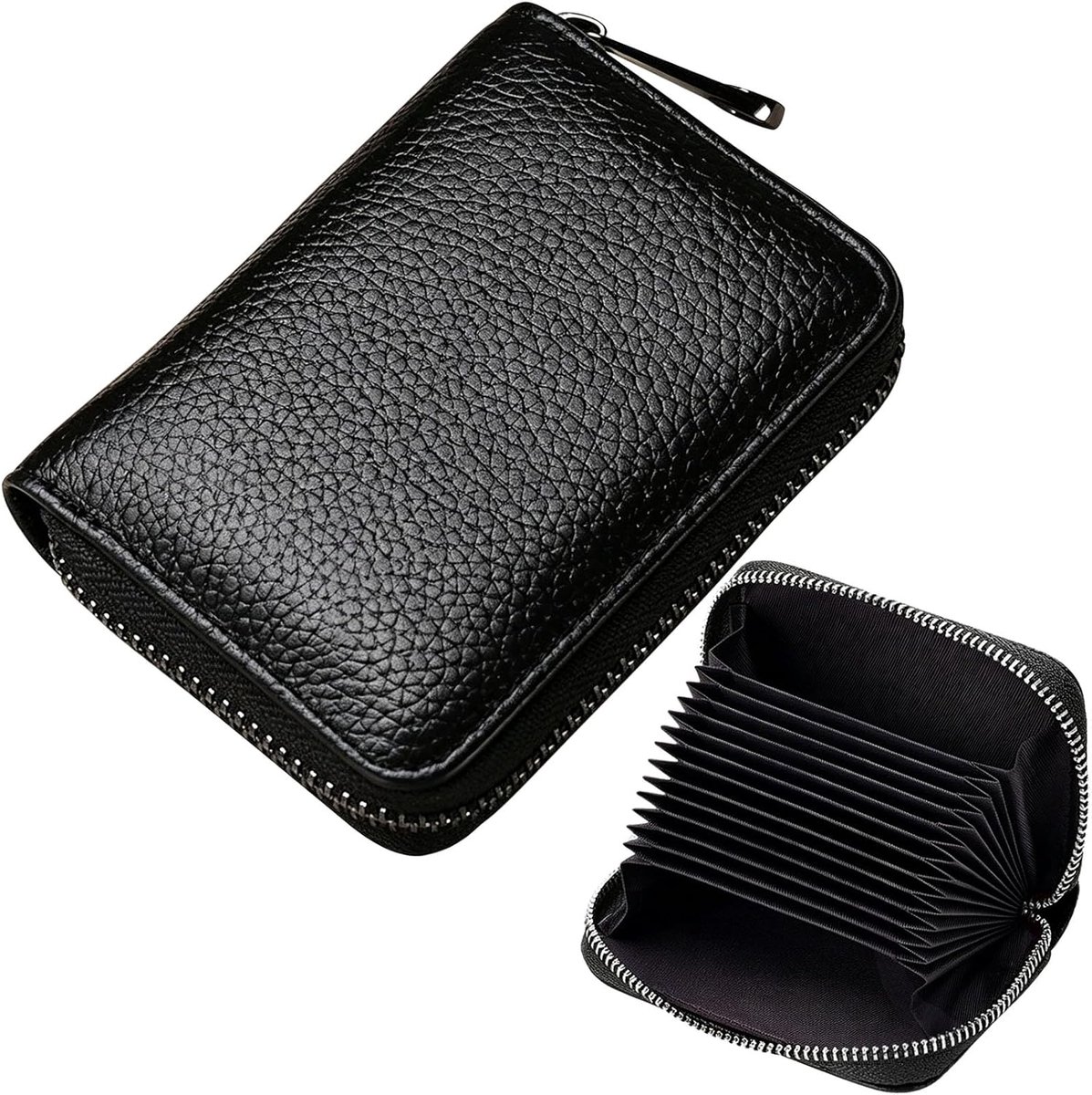 SnelShoppen - Credit Card Holder Wallets Zwart, Kleine Rits Kaarthouder, RFID Blokkerende Lederen Portemonnee Voor Mannen Vrouwen, Accordeon Portemonn