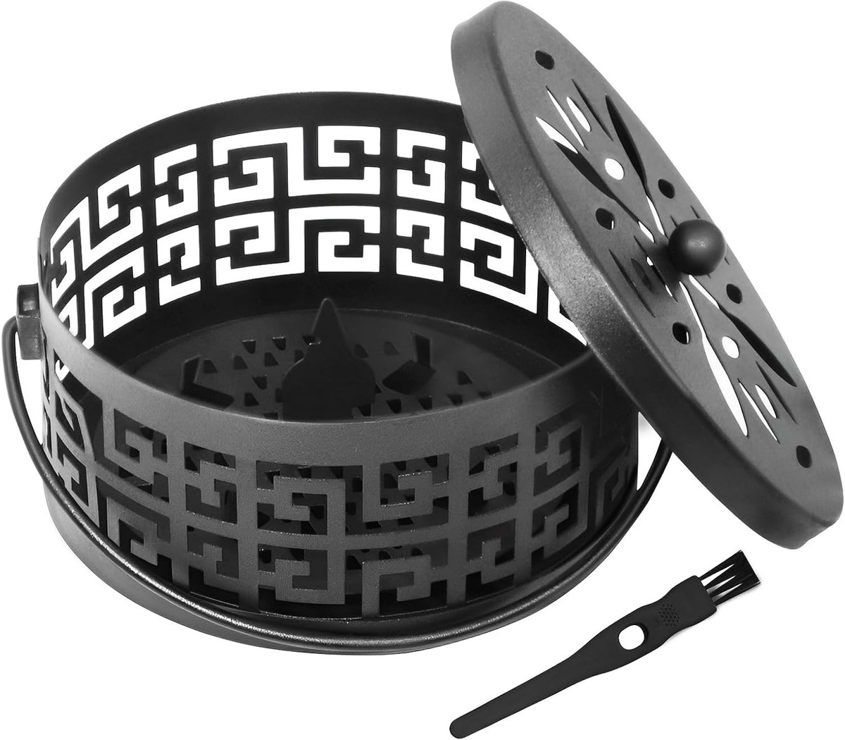 SnelShoppen - Mosquito Rinse Holder Ø 15 cm - Metalen Rookhouder met Handvat en Deksel - Rookbox voor Aromatherapie - Inclusief Schoonmaakborstel - Zw