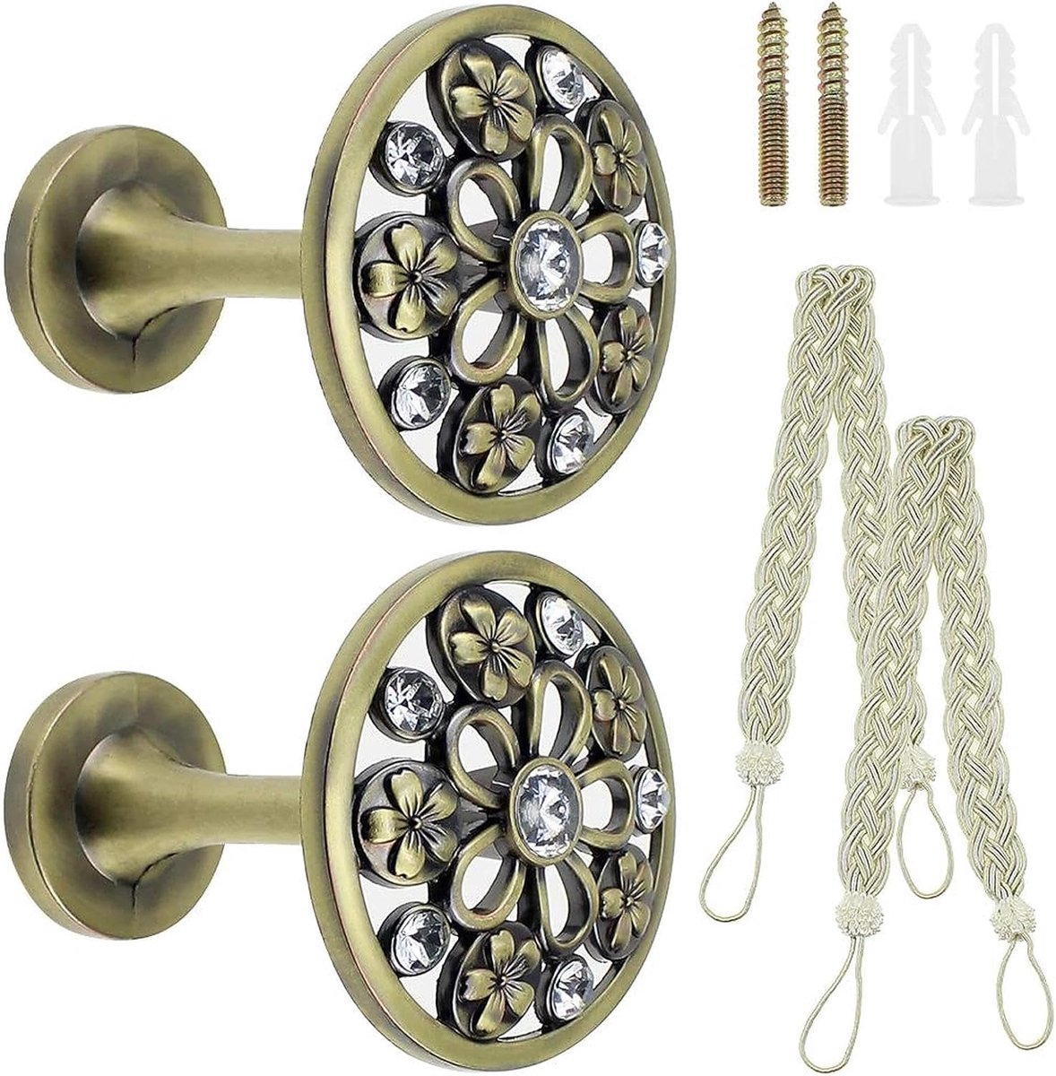 SnelShoppen - 2 Stuks Vintage Retro Gordijnsteunen Wandmontage Metalen Hangers Gordijnen Gordijn Klemmen Haken Inclusief Geweven Gordijn Touwtjes Voor
