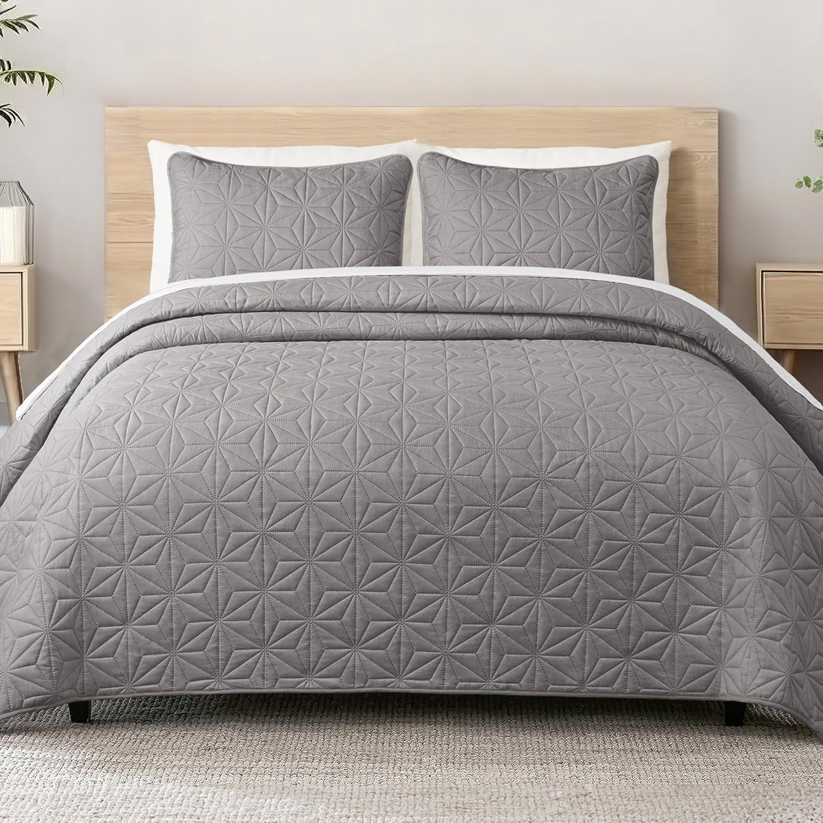 SnelShoppen - Whale Flotilla Bedsprei 240x260 cm met 2 Kussenslopen, Zacht en Licht Geometrisch Patroon, Microfiber, Lichtgrijs, Ideaal voor 4 Seizoen