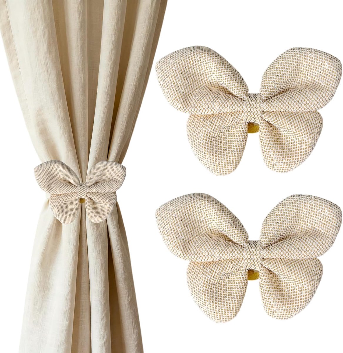 SnelShoppen - 2 Pcs Magnetische Gordijnhouders met Strik, Verstelbare Gordijn Ties voor Kinderkamer, Huishouddecoratie in Khaki, Soft Polyester en Kat