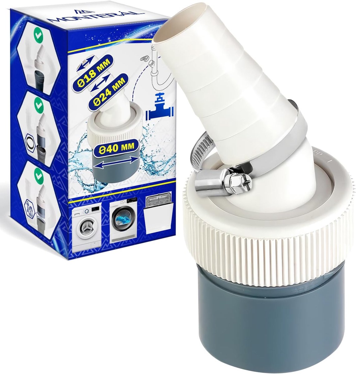 SnelShoppen - Drainverbinding voor Wasmachine en Vaatwasser, Ingang Ø 18-24 mm, Uitgang Ø 40 mm, Inclusief Klem Ø 20-32 mm, 10 Jaar Garantie