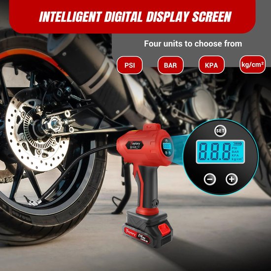 Velori Accu Bandenpomp 180 PSI - Draagbare Luchtcompressor - Elektrische Luchtpomp - Bandenpomp met Digitale Manometer - 21V Accu - Auto Fiets Motor — afbeelding 5