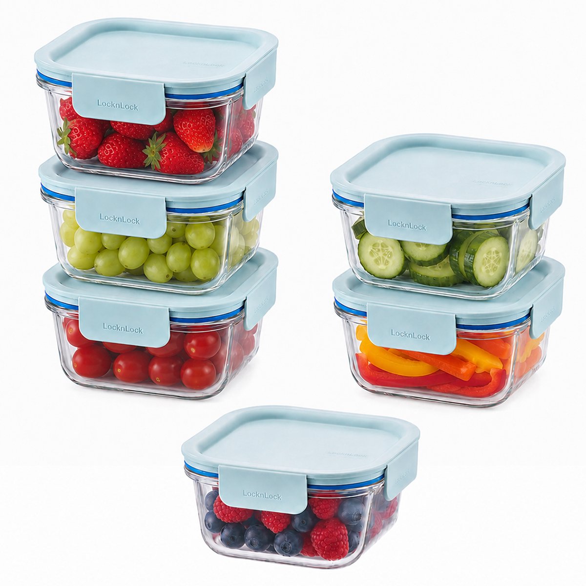 Lock&Lock Glazen Vershoudbakjes - Meal prep bakjes - Ovenschaal klein met deksel - 500 ml - Mint deksel - Luchtdicht - BPA vrij - PFAS vrij - Bewaarbakjes - Vershoudbakjes glas - 1 persoons ovenschaal - Vierkant - Set van 6 stuks