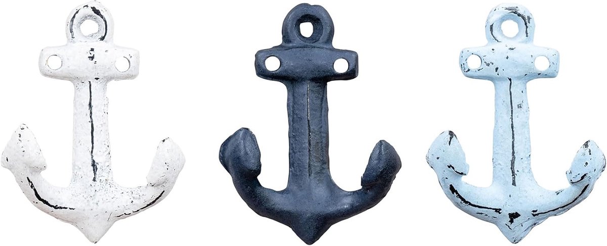 SnelShoppen - Set van 3 Maritieme Anker Wandhaken Blauw Wit Metaal - Vintage Shabby Chic Haakjes voor Woondecoratie en Kleding