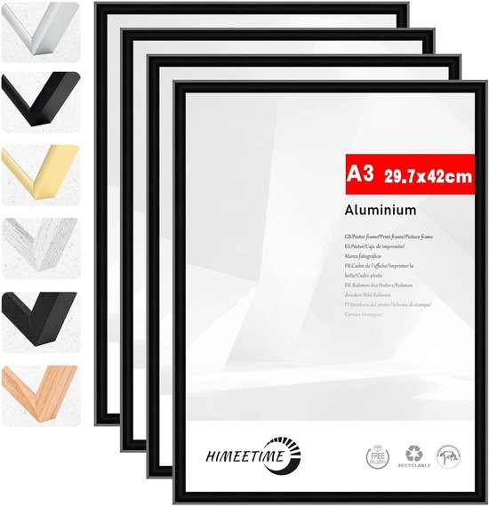 Set van vier zwarte A3 aluminium fotolijsten van 29,7x42cm met selectie van kleuren in de zijbalk.