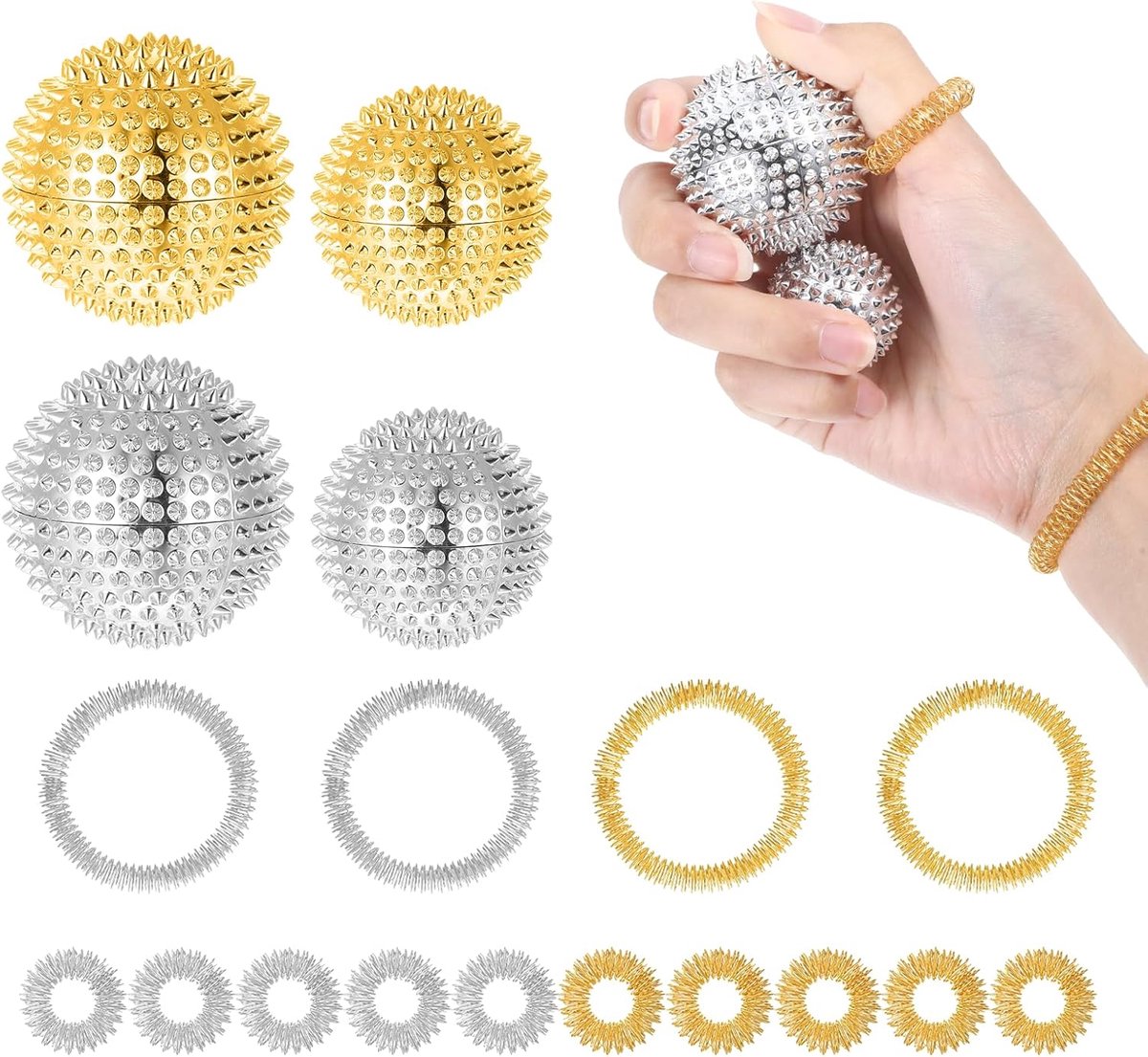 SnelShoppen - Massage Ball Set van 4 Hedgehog Balls + 10 Acupressure Ringen + 4 Acupressure Armbanden, Stressverlichting, Magnetische ABS Massage Ball