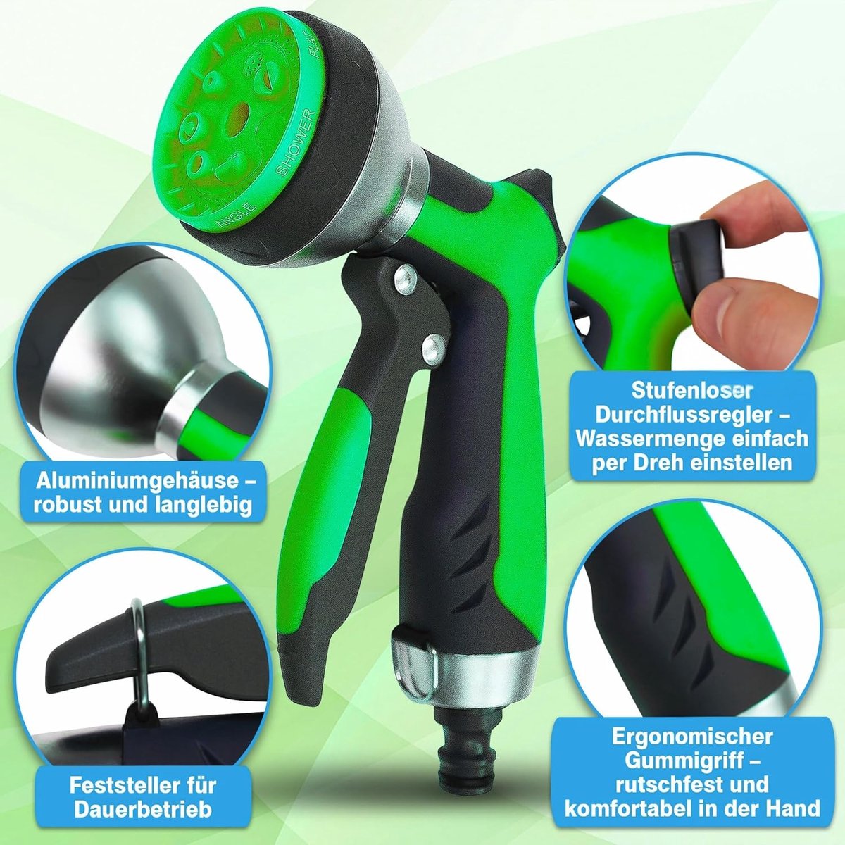SnelShoppen - Tuinsproeier met Aluminium Behuizing, Ergonomische Handgreep, 7 Spraypatronen, Tuinsproeier met Slangaansluiting, Multifunctionele Spuit