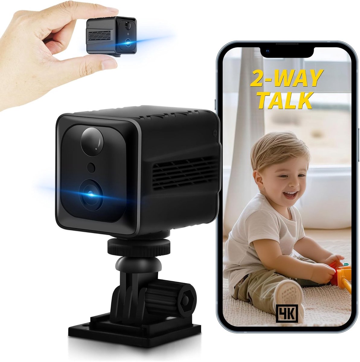 SnelShoppen - Mini-camera 4K Wifi, Indoor Camera met Bewegingsmelder, Nachtzicht, 3000 mAh Accu, Live Overdracht, 140 Graden Groothoek, Lange Standby,