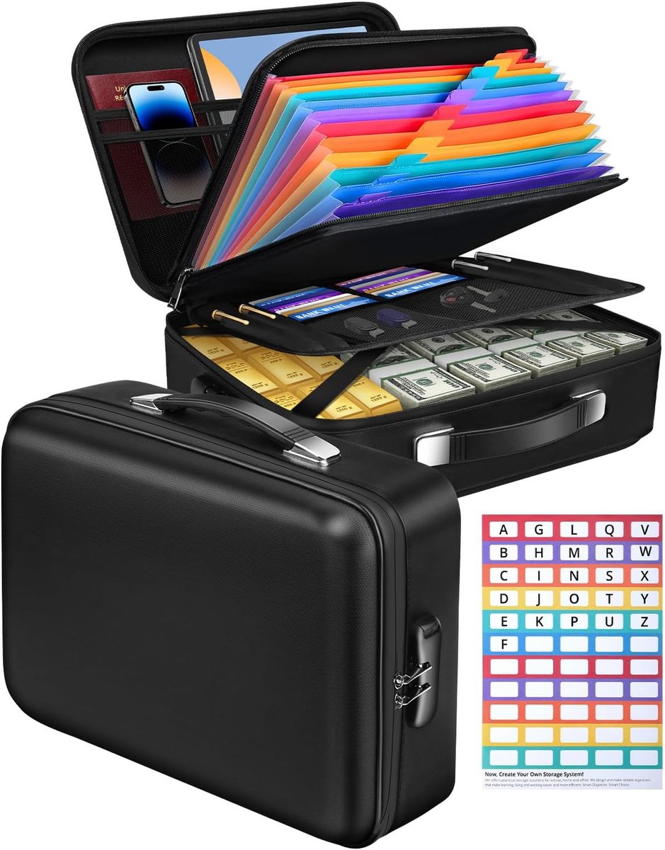 SnelShoppen - Brandveilige Documentbox met Combinatieslot, 13 Compartimenten, Waterdichte en Brandwerende Documententas voor A4 Bestanden, Certificate