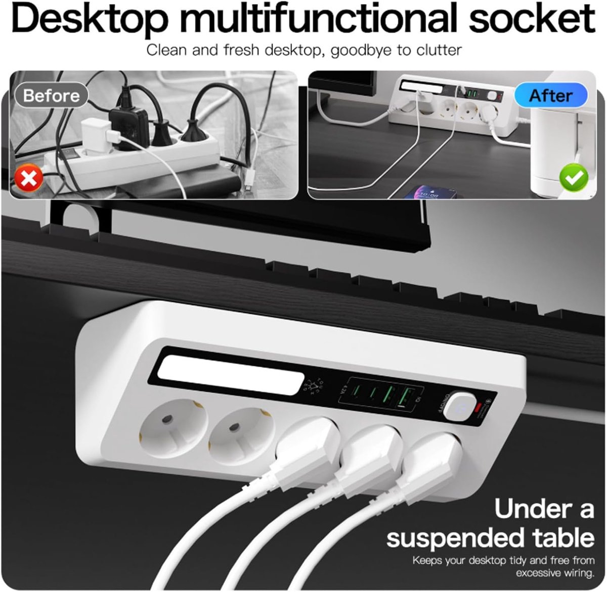 SnelShoppen - 5-voudige Stekkerdoos met LED, Meervoudige Wandcontactdoos met Schakelaar, 4 USB Poorten (2 USB-A & 2 USB-C), Overspanningsbeveiliging,