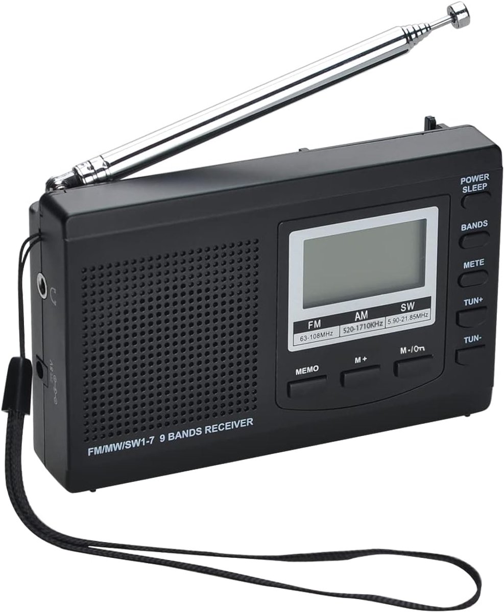 SnelShoppen - Portable 9 Band Radio Receiver met Speaker en Hoofdtelefoon, AM/FM/SW1-7, Digitale Radio met Tijdweergave, Alarm, Backlight, Batterijgev
