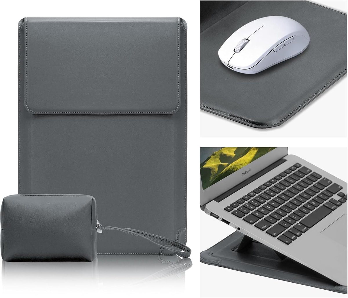 SnelShoppen - Laptophoes 15-16 inch PU-leer met Standfunctie - Grijze Laptoptas voor Bescherming en Comfort - Ideaal voor Werk, School en Reizen
