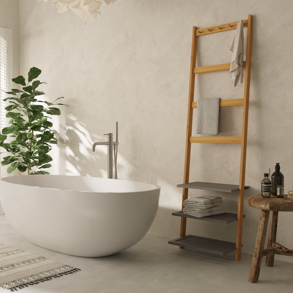MIVRAY Kledingrek – 52 X 28,5 X 183 Cm – Vrijstaand Ladderrek Met 3 Planken 4 Stangen En 5 Haken – Bamboe – Naturel – Voor Badkamer Hal Slaapkamer En Woonkamer