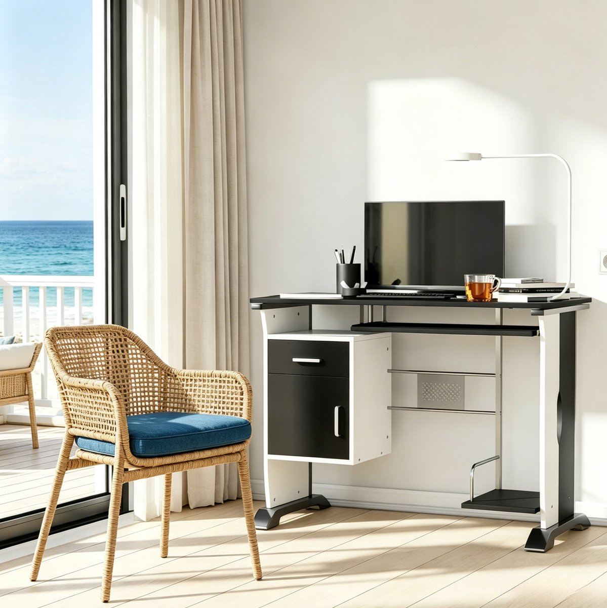 REDOM - Bureau - Computerbureau met multi-opbergruimte - Lade en toetsenbordlade - MDF en metaal - Moderne stijl - Thuiskantoor en slaapkamer - Zwart, Wit, Zilver - 100 x 52 x 75 cm