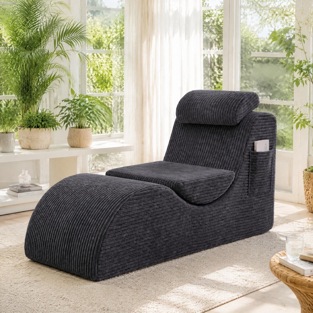 COVREO Zitzak loungestoel 160 x 66 x 90 cm - donkergrijs corduroy, met zijvak
