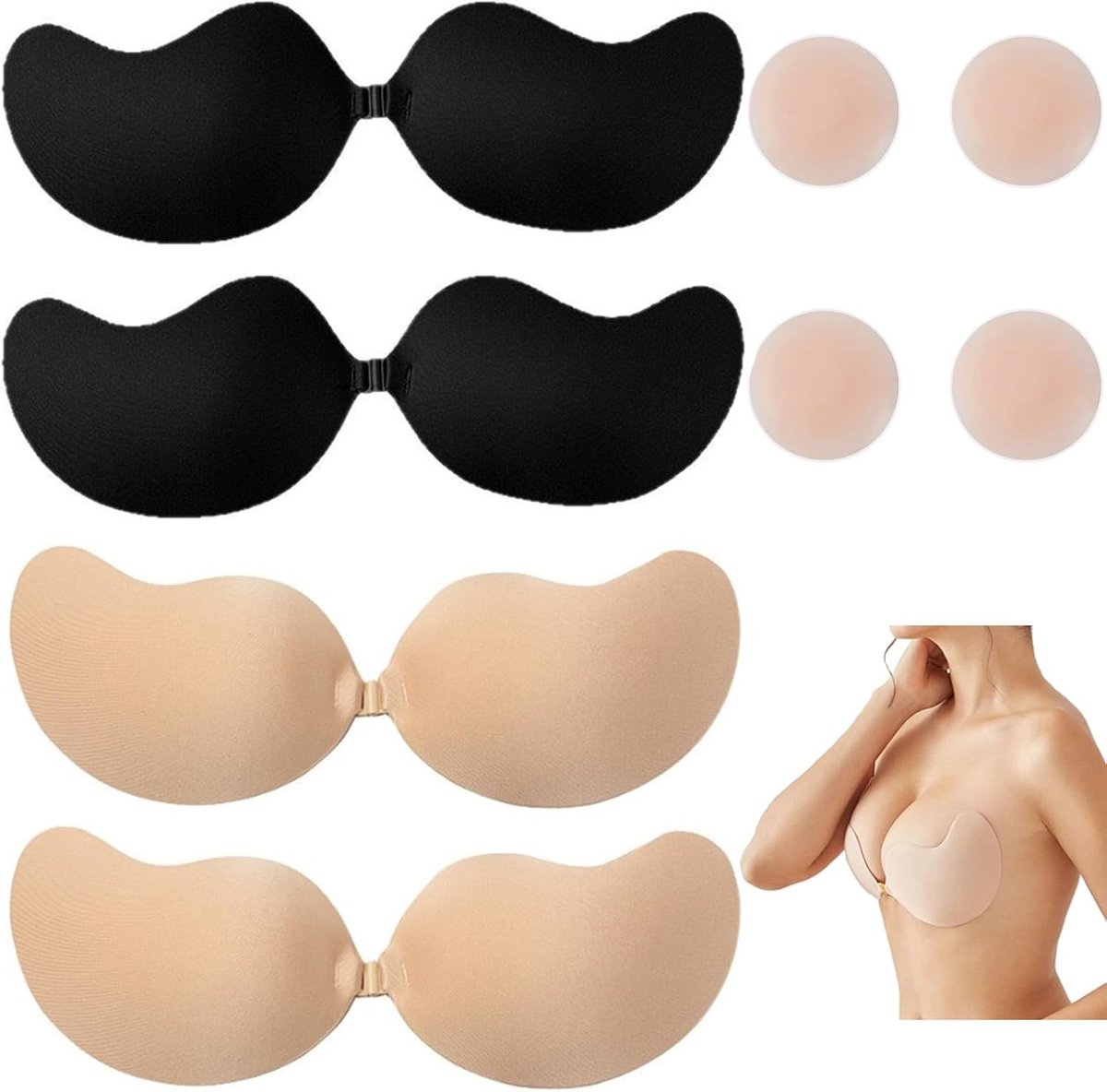 Adhesieve Push-Up Bh zonder Bandjes met Nipple Covers voor Rugloze Jurken en Avondkleding, Geschikt voor Grote en Kleine Borsten