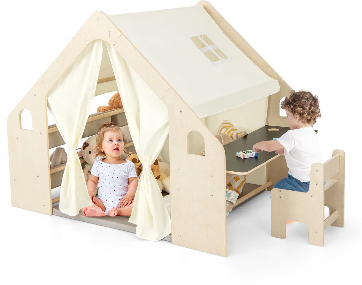 COSTWAY 6-in-1 houten kindertent met kindertafel, stoel en kinderrek, kinderspeelhuis met mat, schoolbord, opbergdozen, krijtdoos, speeltent, speelhuis voor kinderen vanaf 2 jaar (met 6 dozen)
