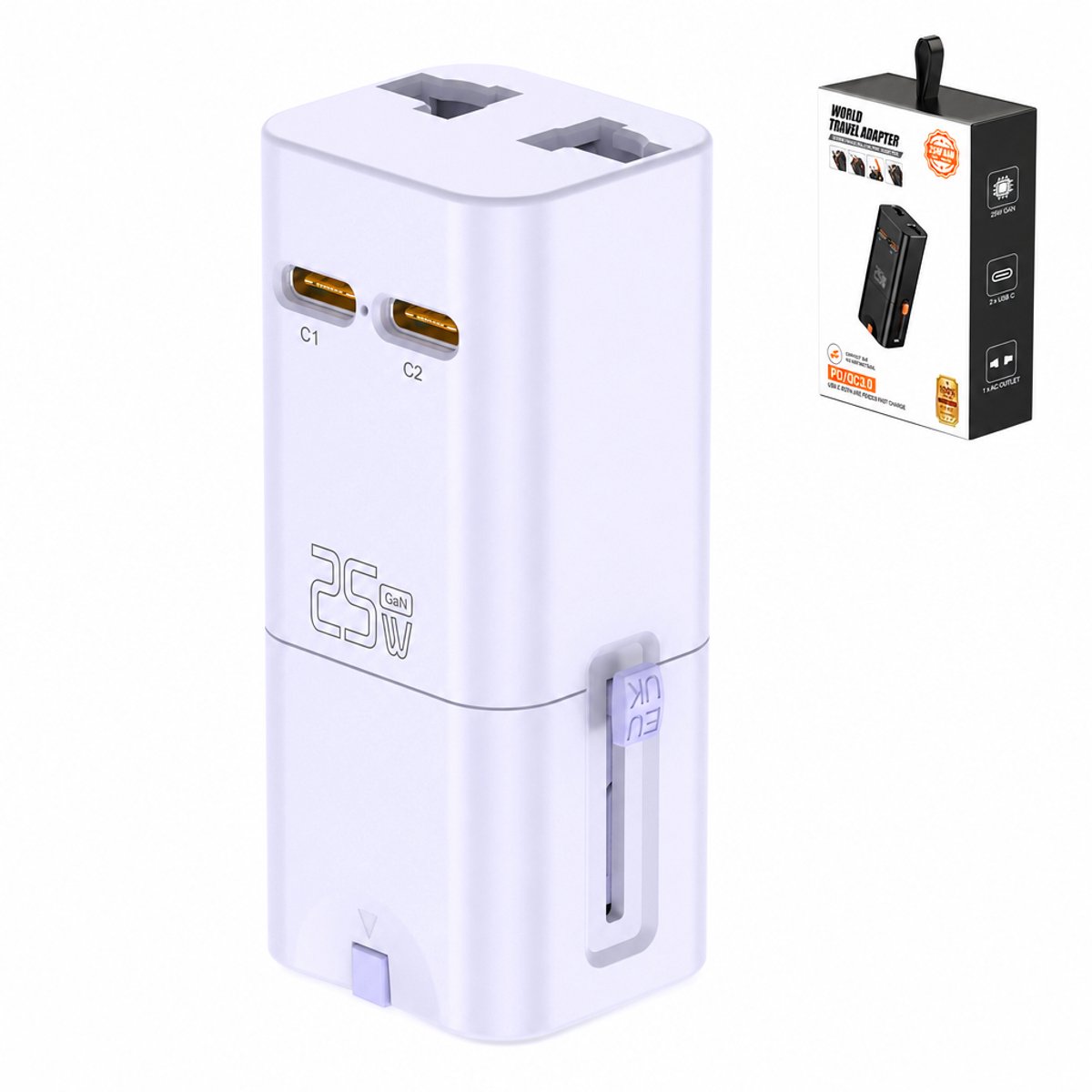 Ryoudavell - Universele Reisadapter Wereldwijd - Multi Reisstekker en Snellaad Oplader met 2x USB-C - Compacte Wereldstekker voor EU UK US AU - Krachtige Adapter Ondersteunt Hoge Wattage Apparaten tot 2500W - 25W GaN Sneloplader