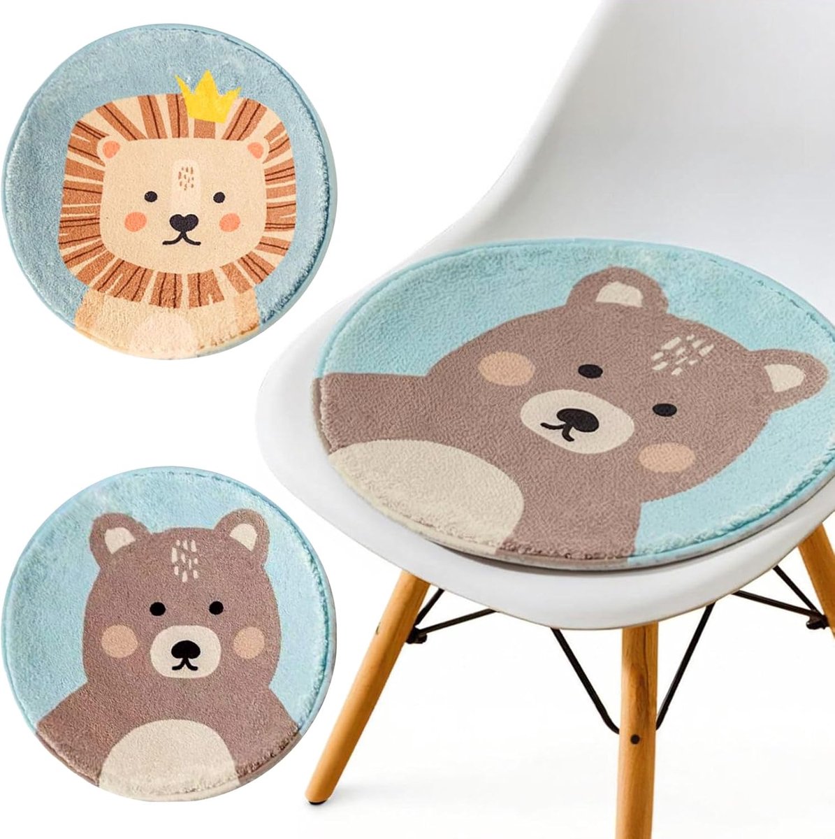 SnelShoppen - Set van 2 ronde kinderstoel kussens met antislip - Dierlijke zitkussen - Voor binnen en buiten - 30 x 30 cm - Perfect voor kinderen, tui