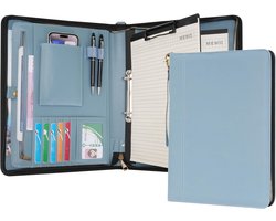 SnelShoppen - Wason A4 Portfolio Zipper - PU Leer Padfolio met Afneembare Ringband en Schrijfnotehouder - Professionele Conference Folder - Mistigblau