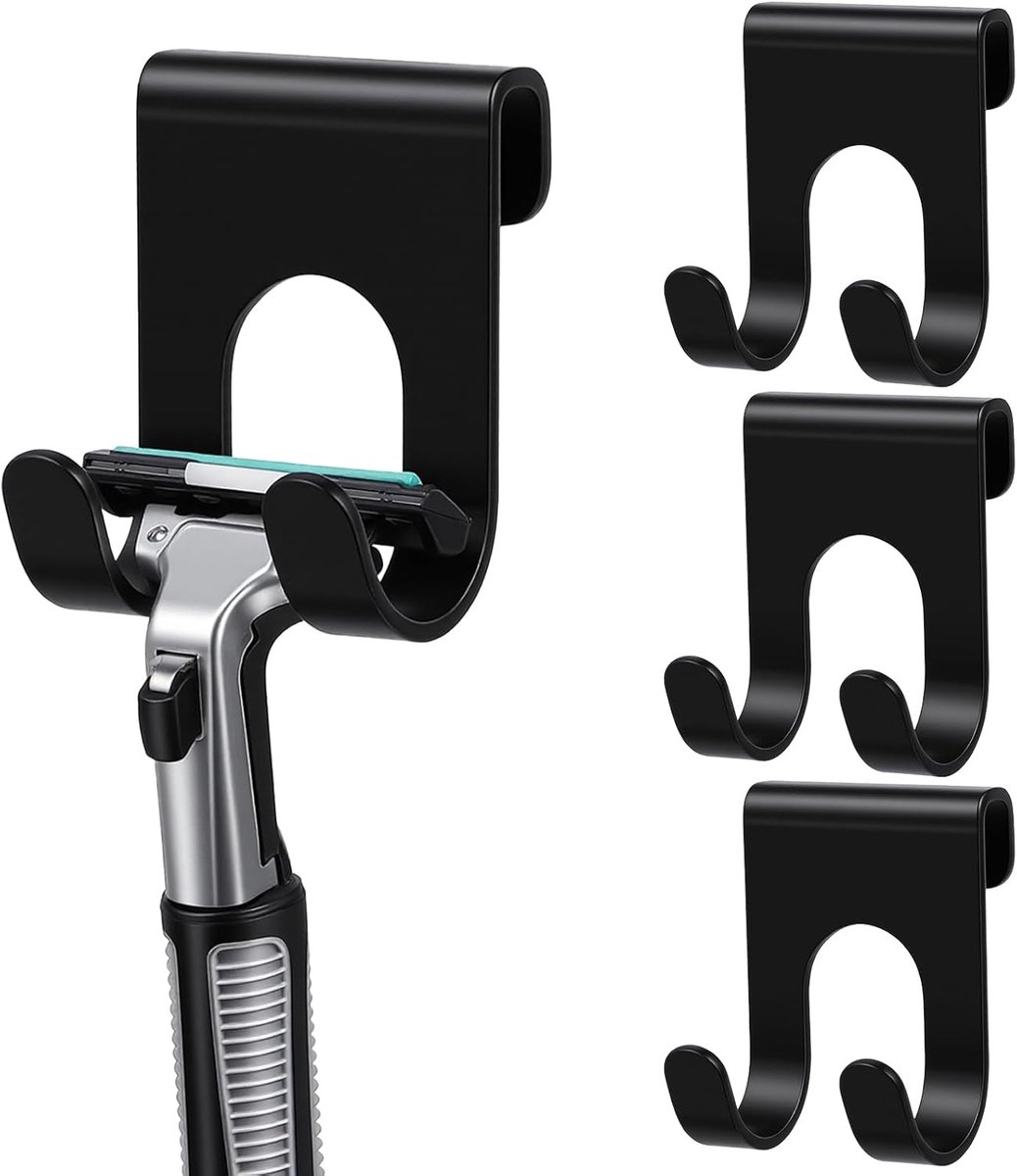 SnelShoppen - Set van 4 Zelfklevende Scheermes Houder voor Douche, Shaving Hooks Zonder Boren, Aluminium, Zwart, Compact voor Badkamer, Keuken, Slaapk