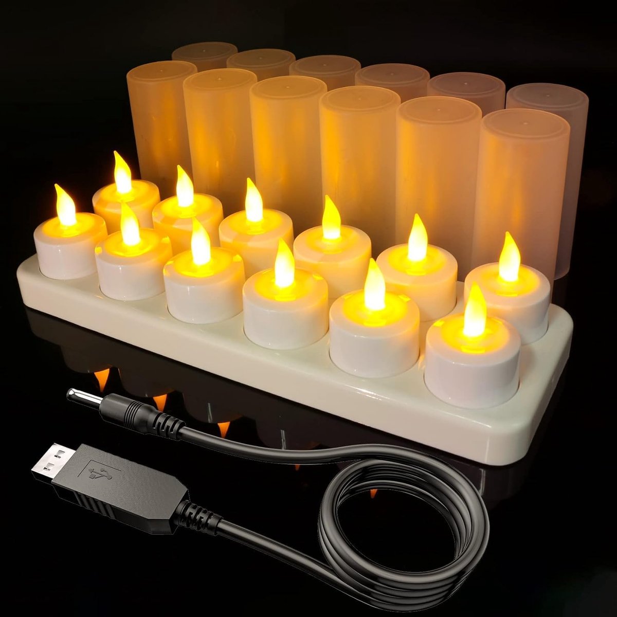 SnelShoppen - Set van 12 Oplaadbare LED Theelichten met Windbescherming en Oplaadstation - Veilig en Milieuvriendelijk voor Feesten, Tuin, en Binnenge