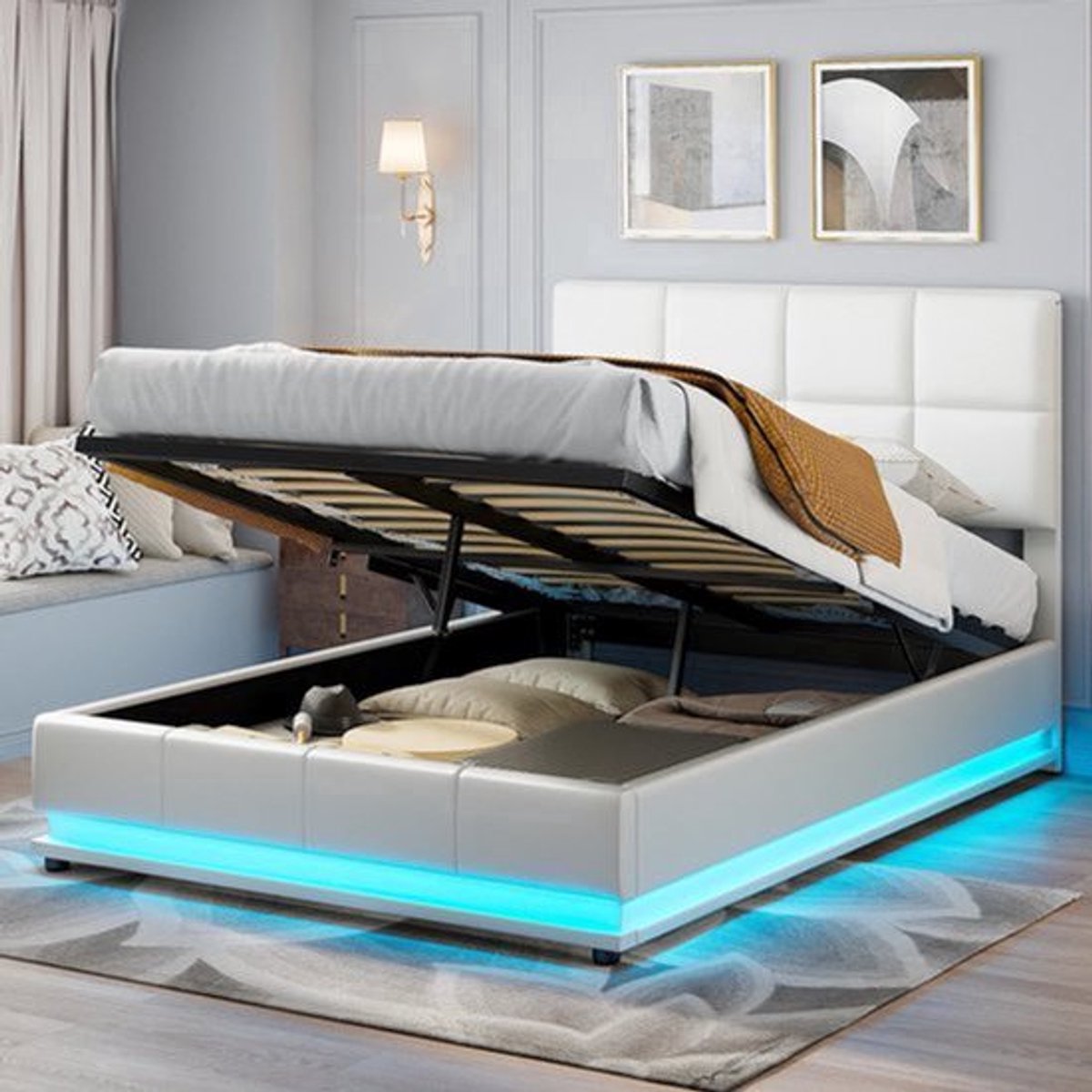Opbergbed – Bed met Opbergruimte – Hydraulisch Bed – Tweepersoonsbed – Kunstleren Bed – Gr