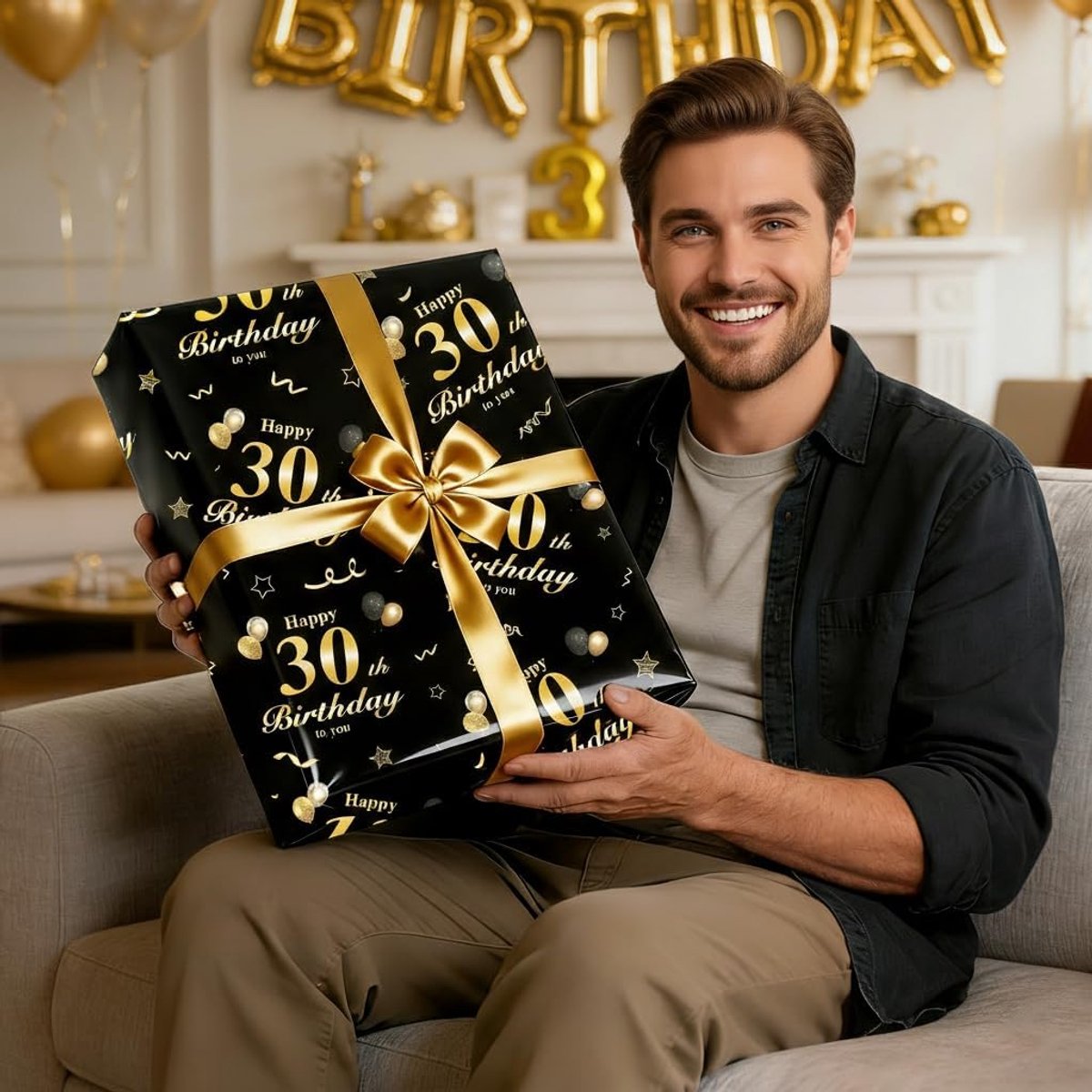 SnelShoppen - Cadeaupapier 30e Verjaardag Zwart Goud 5 Stuks 70x50 cm - Happy Birthday Inpakpapier voor Mannen en Jongens - Feestelijke Verpakking voo