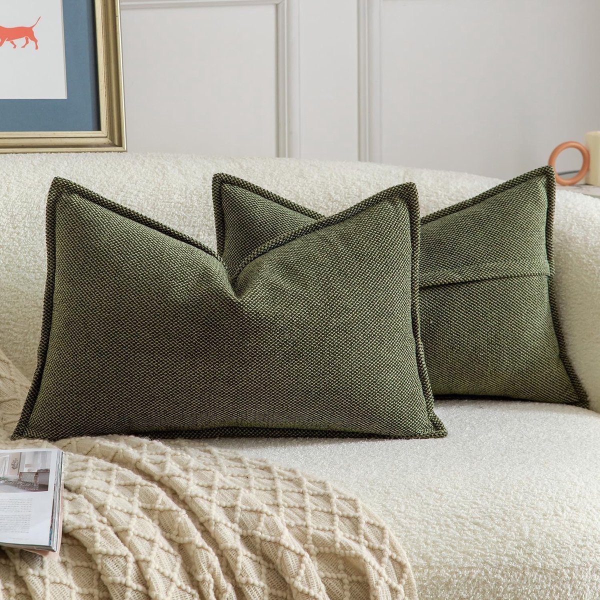 SnelShoppen - Set van 2 Chenille Fringe Kussenhoezen Zacht Neutraal Decoratief voor Bank Boho Accent Kussen 30x50cm Mosgroen Geschikt voor Slaapkamer