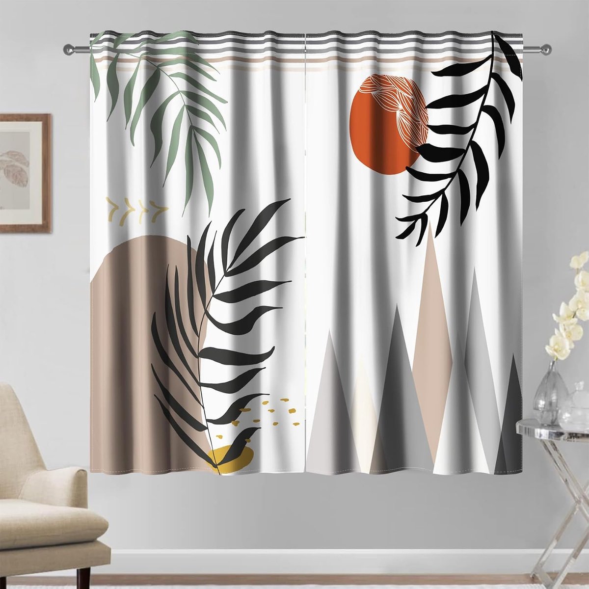 SnelShoppen - 46 x 90 Inch Moderne Kunststof Gordijnen Geometrisch Geel Grijs Maan Zon Bladeren Heuvels 2 Panelen Raamgordijnen voor Slaapkamer Woonka