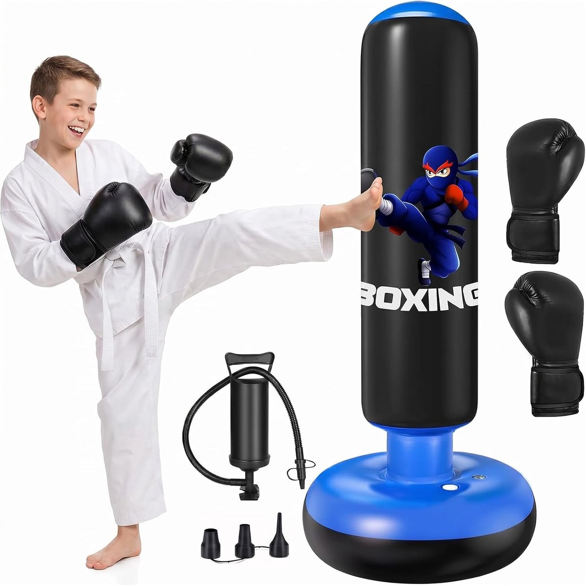 SnelShoppen - Bokszak voor Kinderen 160 cm - Opblaasbare Staande Bokszak met Bokshandschoenen en UNE-Pomp - Perfect Cadeau voor Jongens en Meisjes 3-1