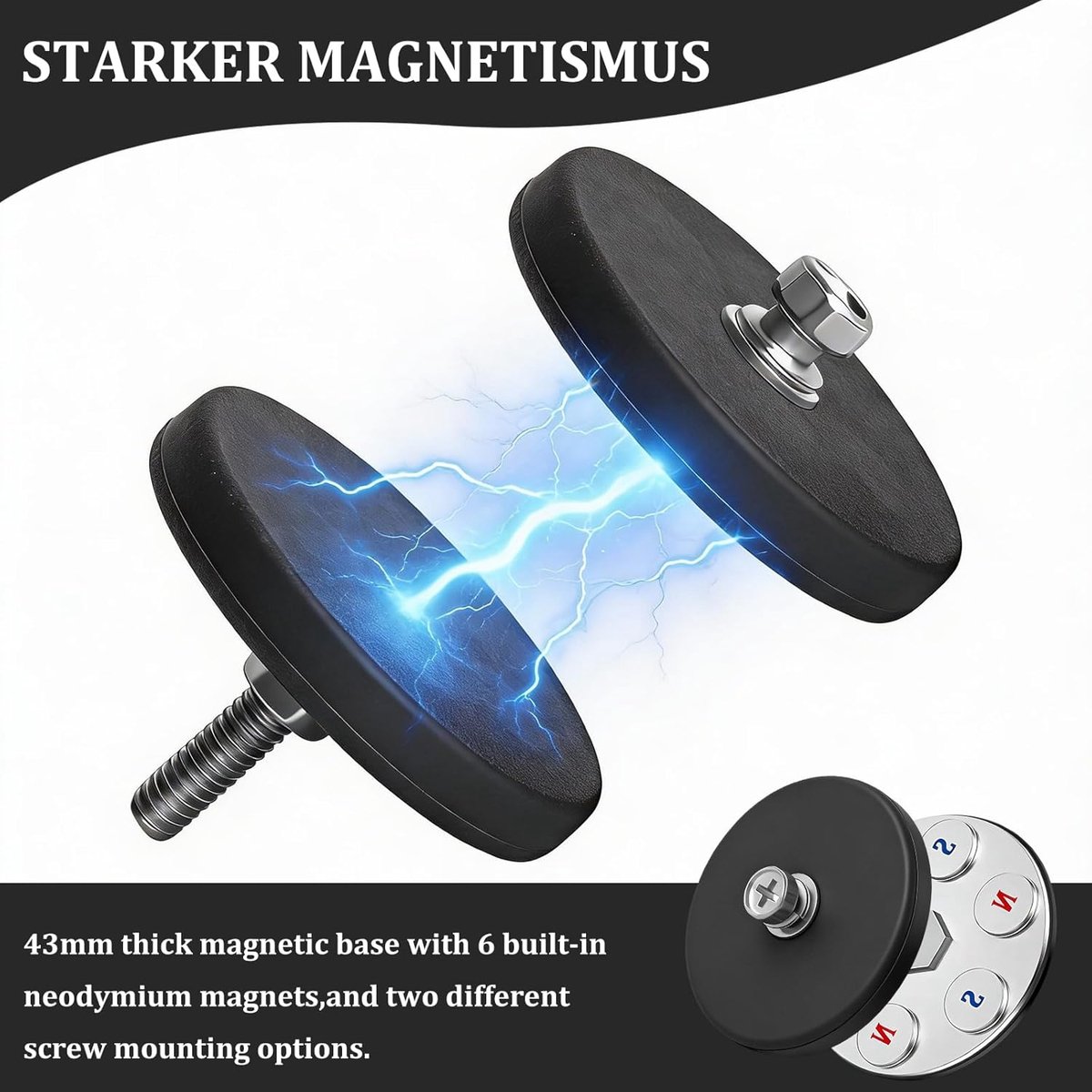 SnelShoppen - Pack van 8 Neodymium Magneten met Rubber Coating 43 mm - Sterke M5 Schroeven en Moeren - 12 kg Hechting voor Auto's, Lampen, Instrumente