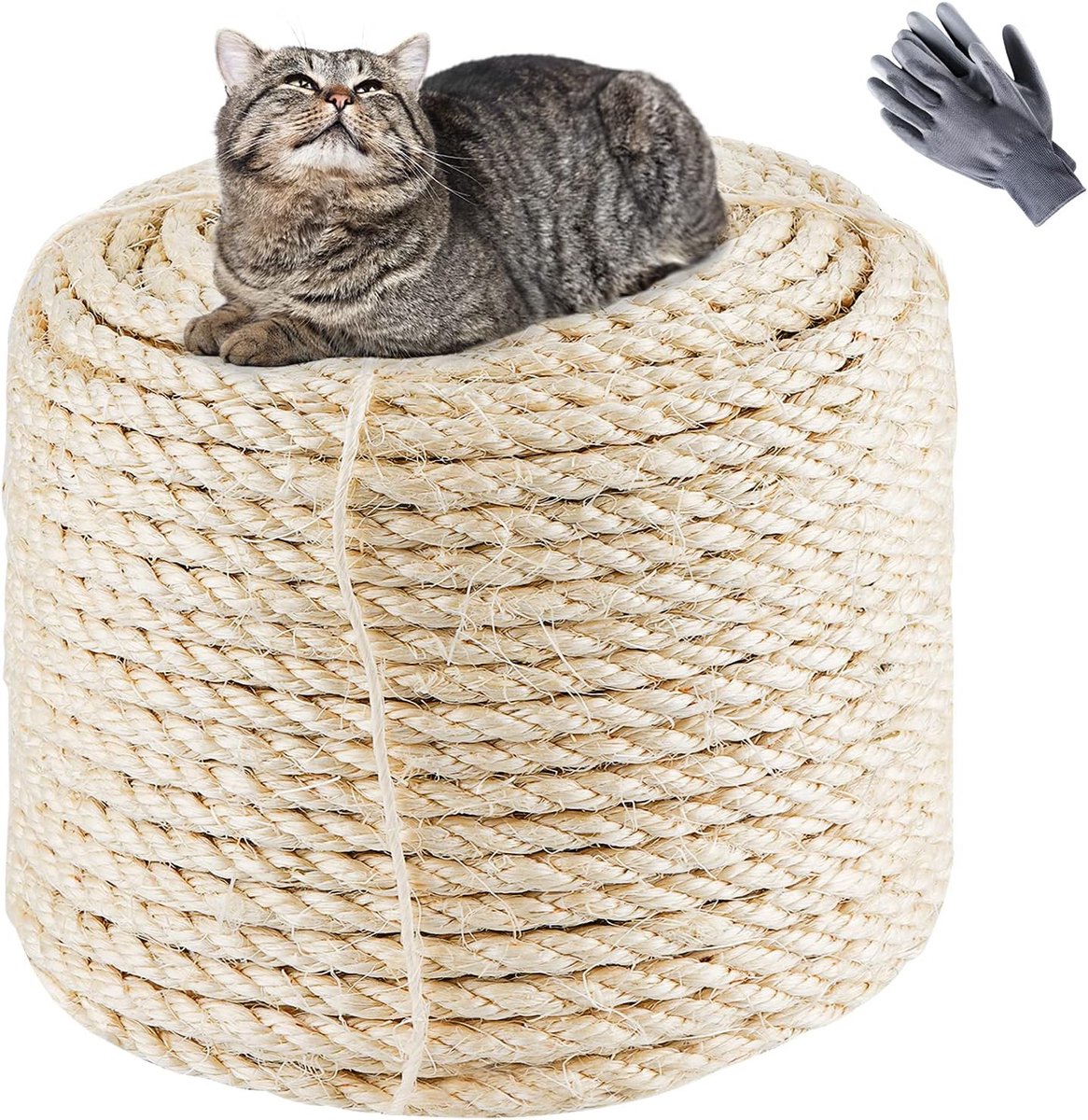 SnelShoppen - Natural Sisal Touw 8mm x 60m - Biologisch Afbreekbaar, Sterk en Duurzaam, Wit, Inclusief Beschermende Handschoenen voor Katten Krabpalen