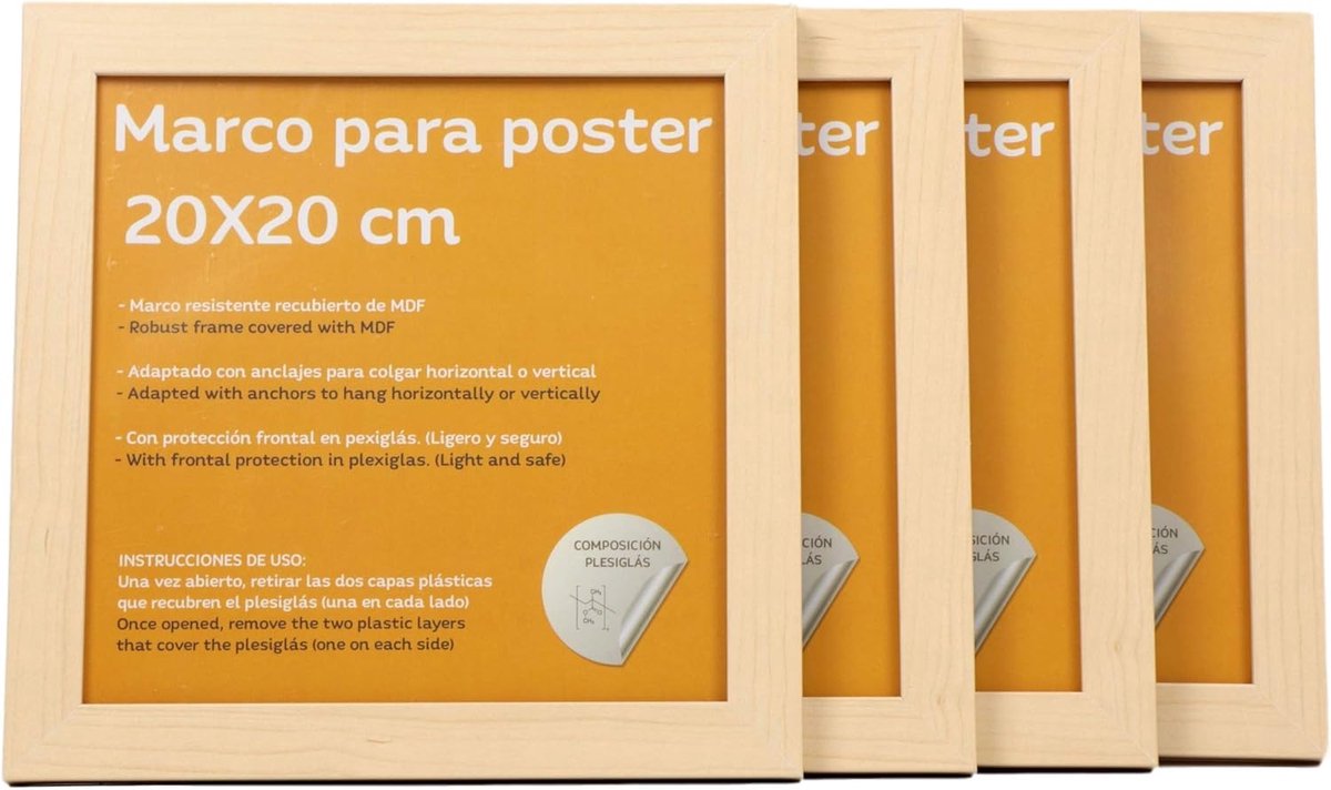 SnelShoppen - Set van 4 Robuuste Foto Frames 20x20 cm - Licht Hout - Voor Foto's, Diplomas, Posters - Decoratief voor Wand en Kamer