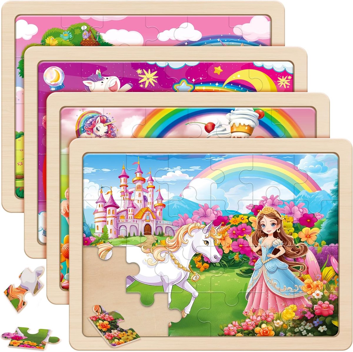 SnelShoppen - Houten Puzzel voor Kinderen - Unicorn Prinses - 4 x 24 Stukjes - Educatief Speelgoed - Geschikt voor Meisjes en Jongens - Veilig en Duur